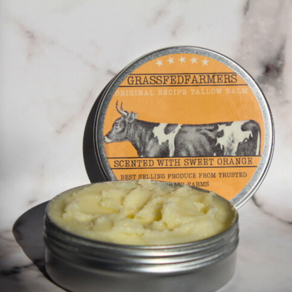 Original Recipe Tallow Balm - Scented | Grass Fed | 100ml - GrassFedFarmers - Sweet Orange - Effective relief for acne, eczema, psoriasis and more - Tallow Skincare - UK grass fed tallow balm for face and body. beef tallow balm skincare